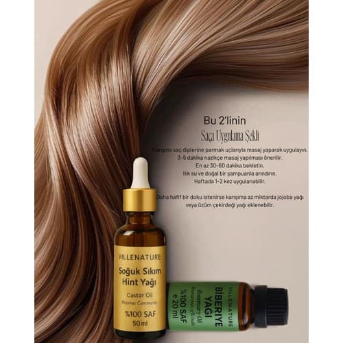 Villenature 2'li Biberiye Yağı 20 ml & Hint Yağı 50 ml Set - %100 Saf ve Organik - Thumbnail 5