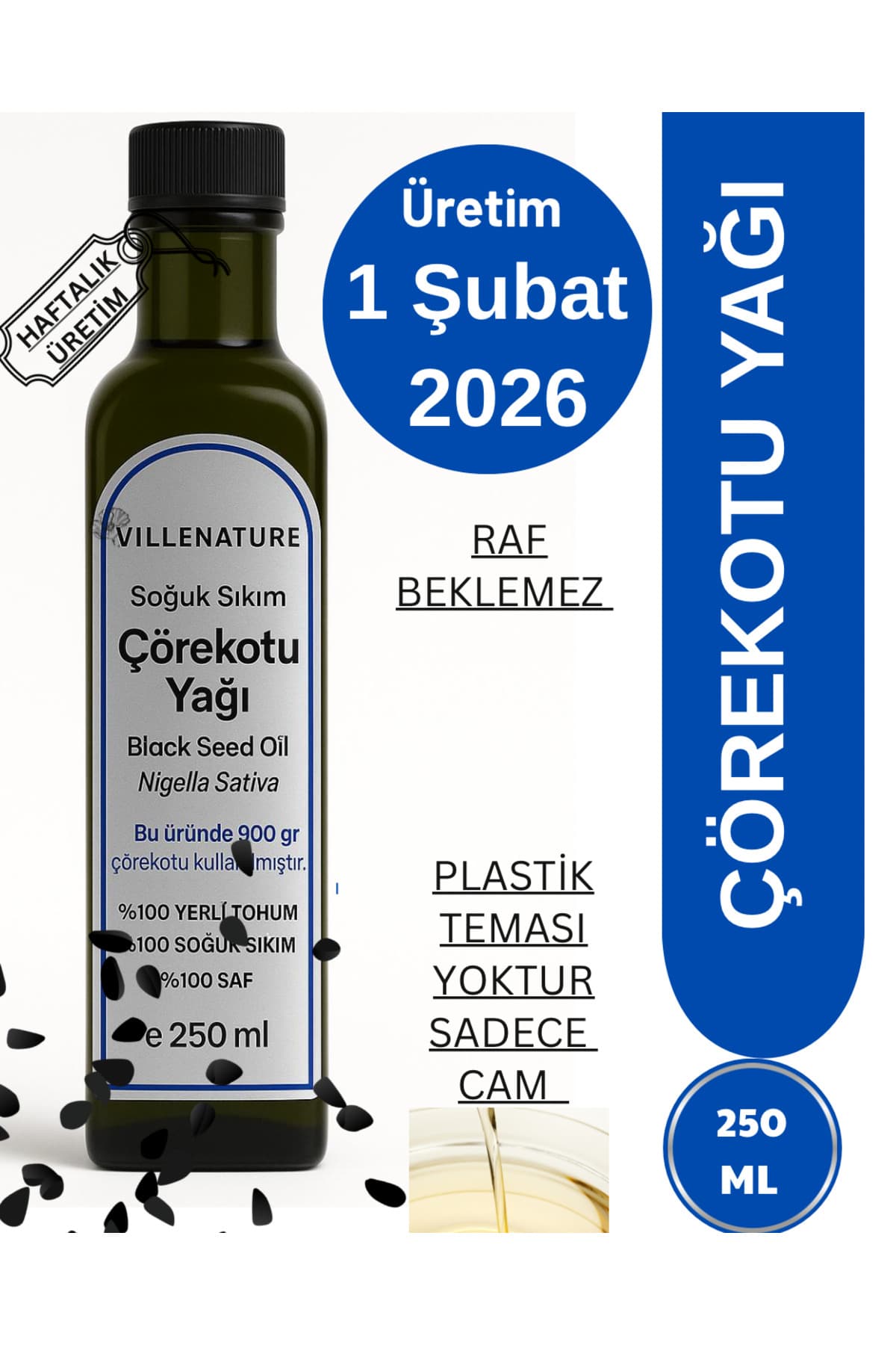 Soğuk Sıkım Çörekotu Yağı 250 ml ,haftalık Taze Üretim ,raf Beklemez